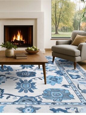 NEW FAME Ellis Navy Blue White Modern Floral Oushak Rug 60” x 90” Washable 2’x3’